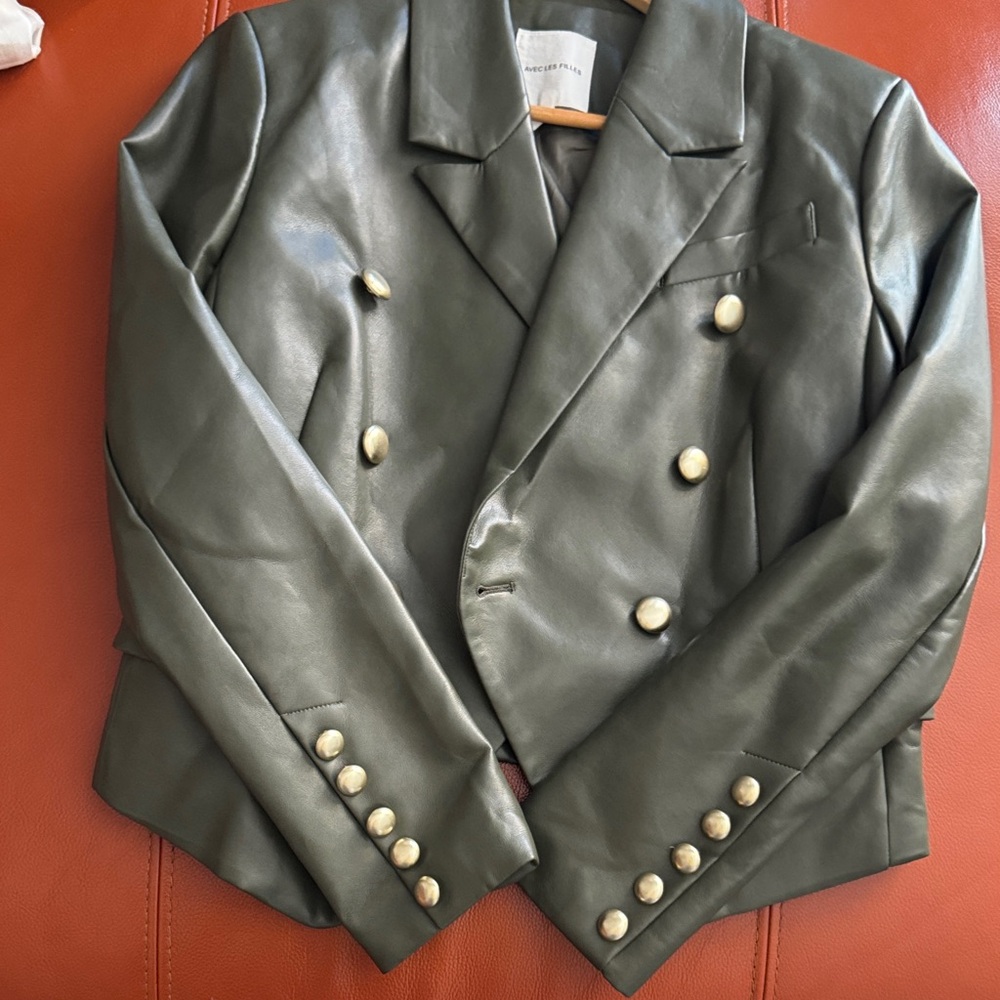 Avec Les Filles  Olive  faux Leather Jacket with Gold Buttons - Picture 10 of 11